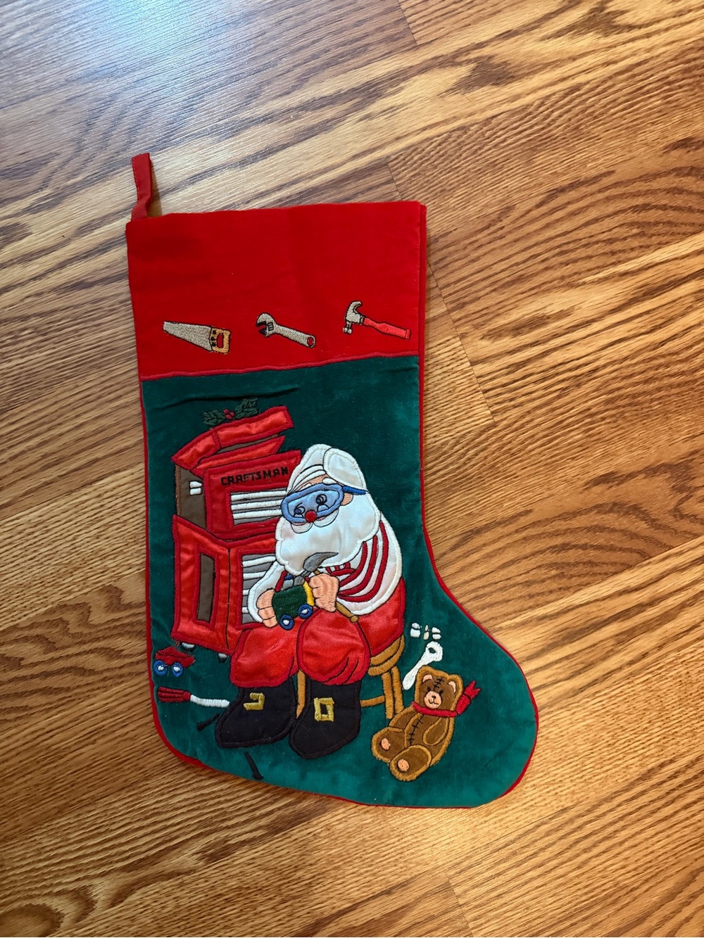 Vintage craftsman Red & Green Santa Tool Chest Holiday embroidered Stocking